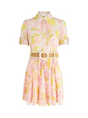 Zimmermann Pop Printed Pleated Mini Shirt Dress Multi Floral